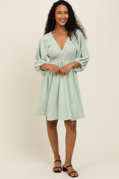 Sage Striped Balloon Sleeve V-Neck Maternity Dress