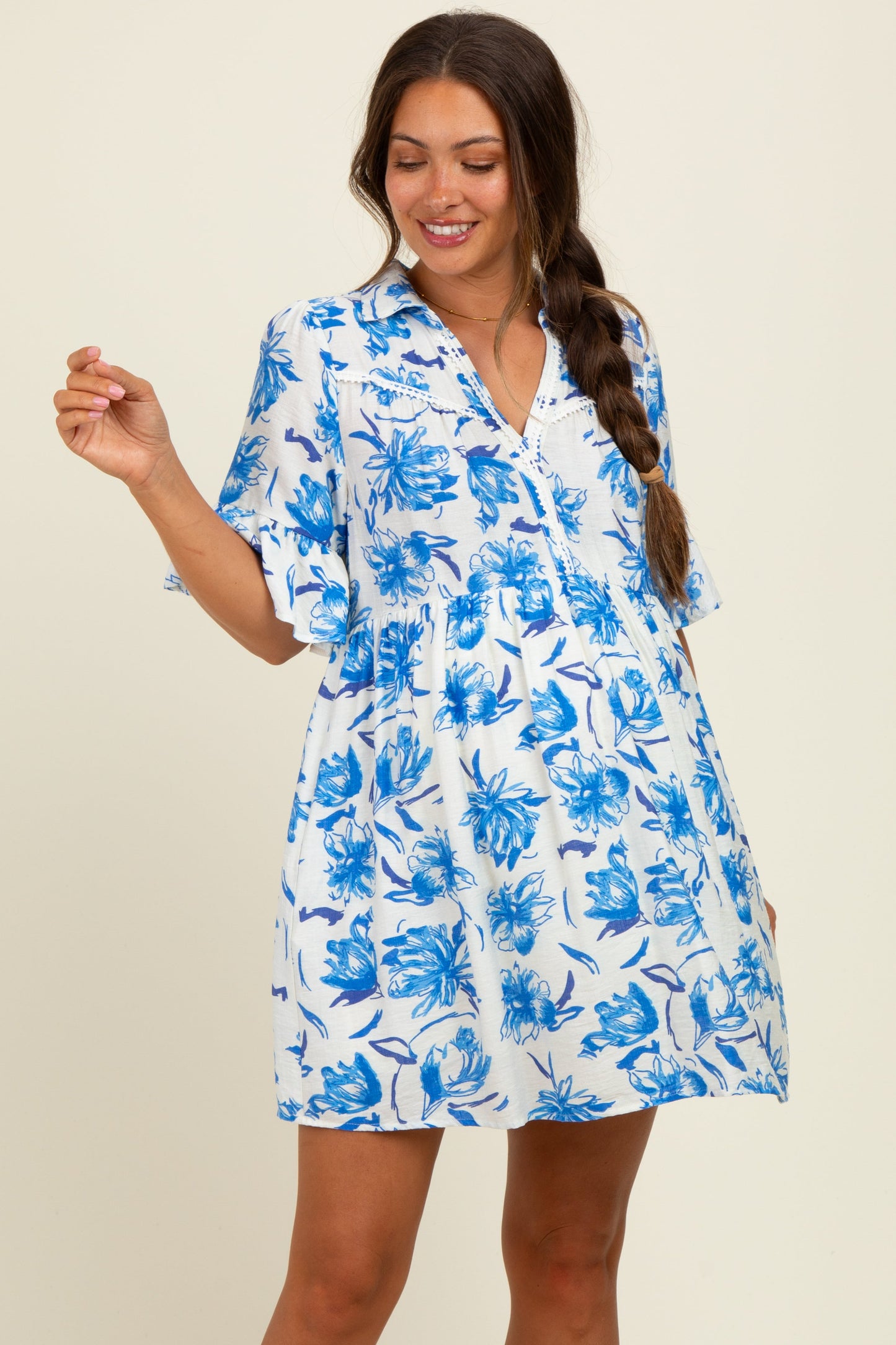 Blue Floral V-Neck Crochet Trim Maternity Dress