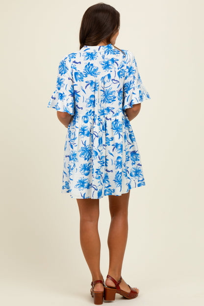 Blue Floral V-Neck Crochet Trim Maternity Dress