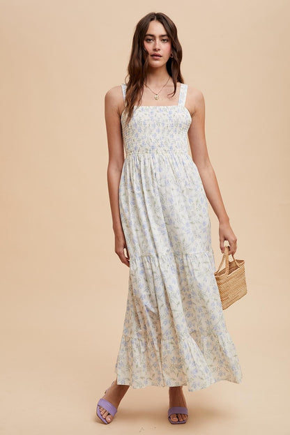 Light Blue Smocked Cotton Floral Sleeveless Maternity Maxi Dress