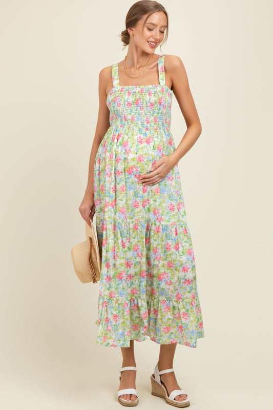 Multi Color Smocked Cotton Floral Sleeveless Maternity Maxi Dress