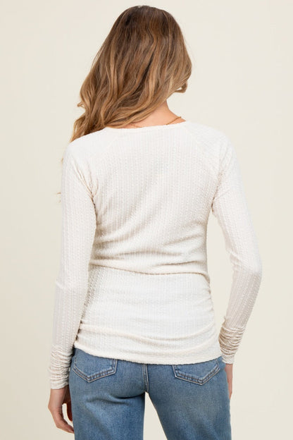 Ivory Solid Ribbed Ruched Long Sleeve Maternity Top