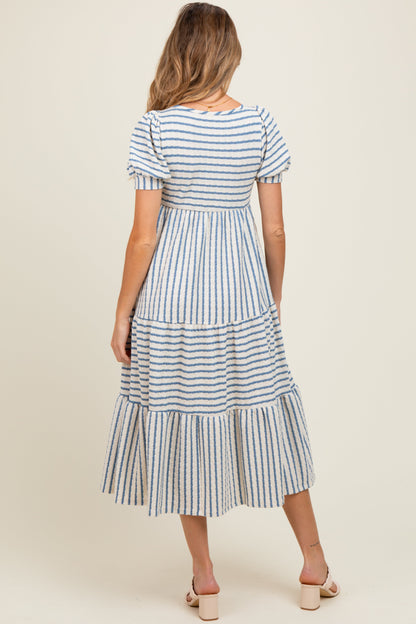 Cream/Blue Striped Short Sleeve Tiered Maternity Maxi Dress