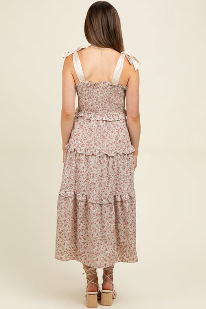 Cream Tie Shoulder Detail Floral Maternity Midi Dress