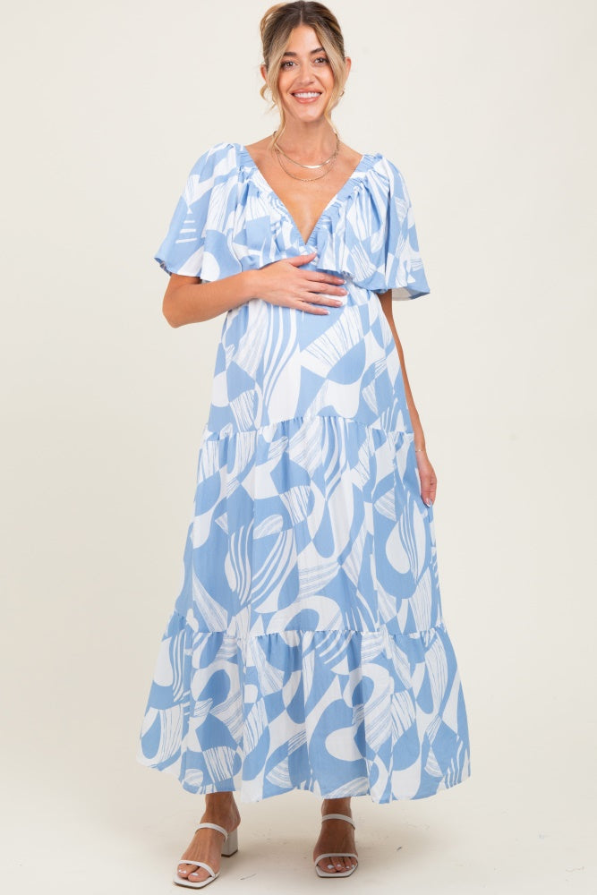 Blue Sleeveless Smocked Back Printed Maternity Maxi Dress