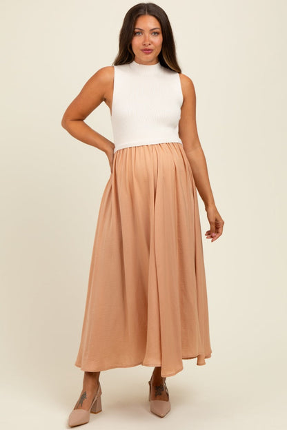 Beige Sleeveless Half Sweater And Satin Skirt Midi Maternity Dress