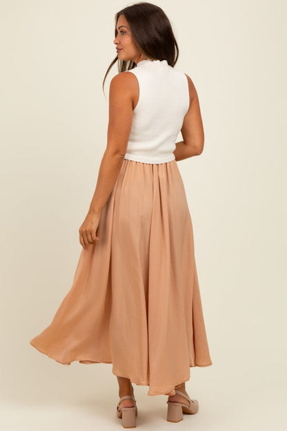 Beige Sleeveless Half Sweater And Satin Skirt Midi Maternity Dress