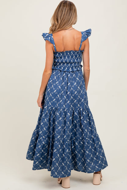 Denim Off White Floral Embroidered Tiered Maternity Maxi Dress