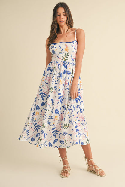 Ivory/Blue Leaf Printed Contrast Piping Detail Maternity Midi Dress
