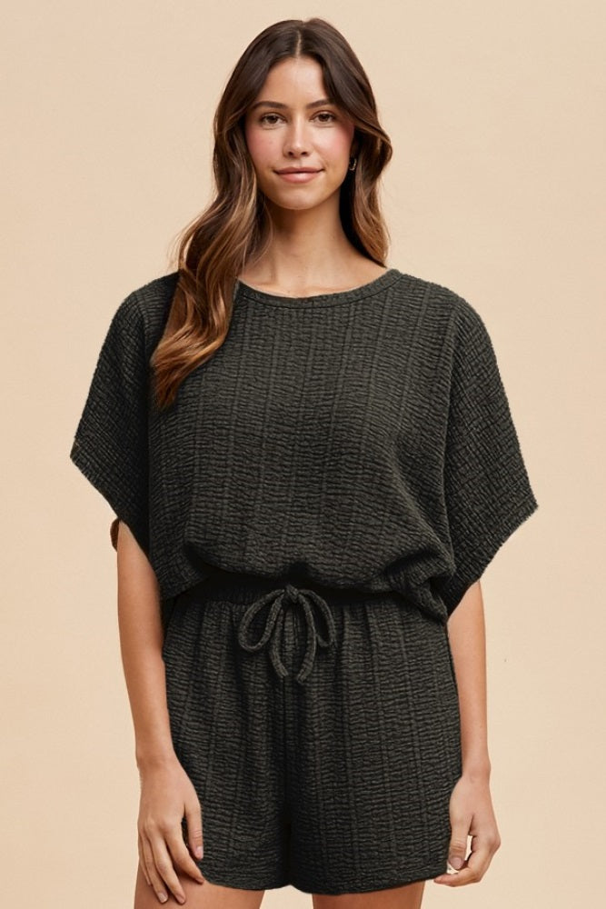 Black Textured Modal Knit Loose Fit Maternity Top & Shorts Set