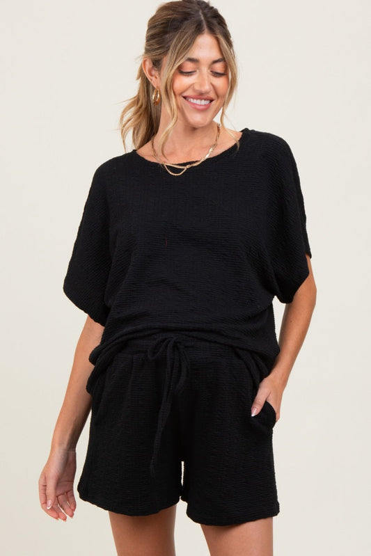 Black Textured Modal Knit Loose Fit Maternity Top & Shorts Set