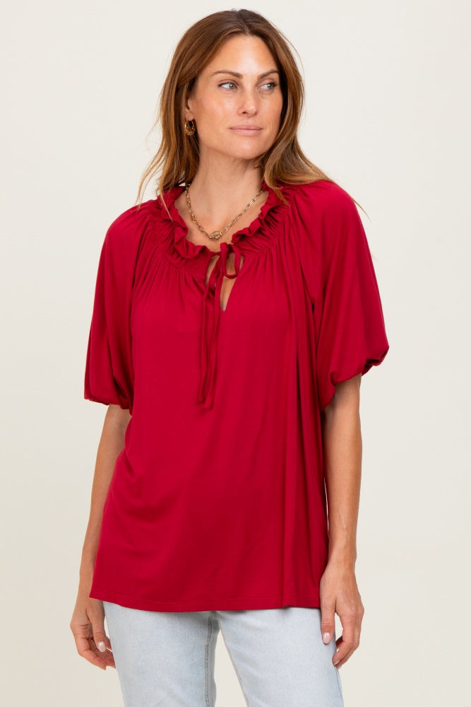Burgundy  Half Balloon Sleeve Maternity Top
