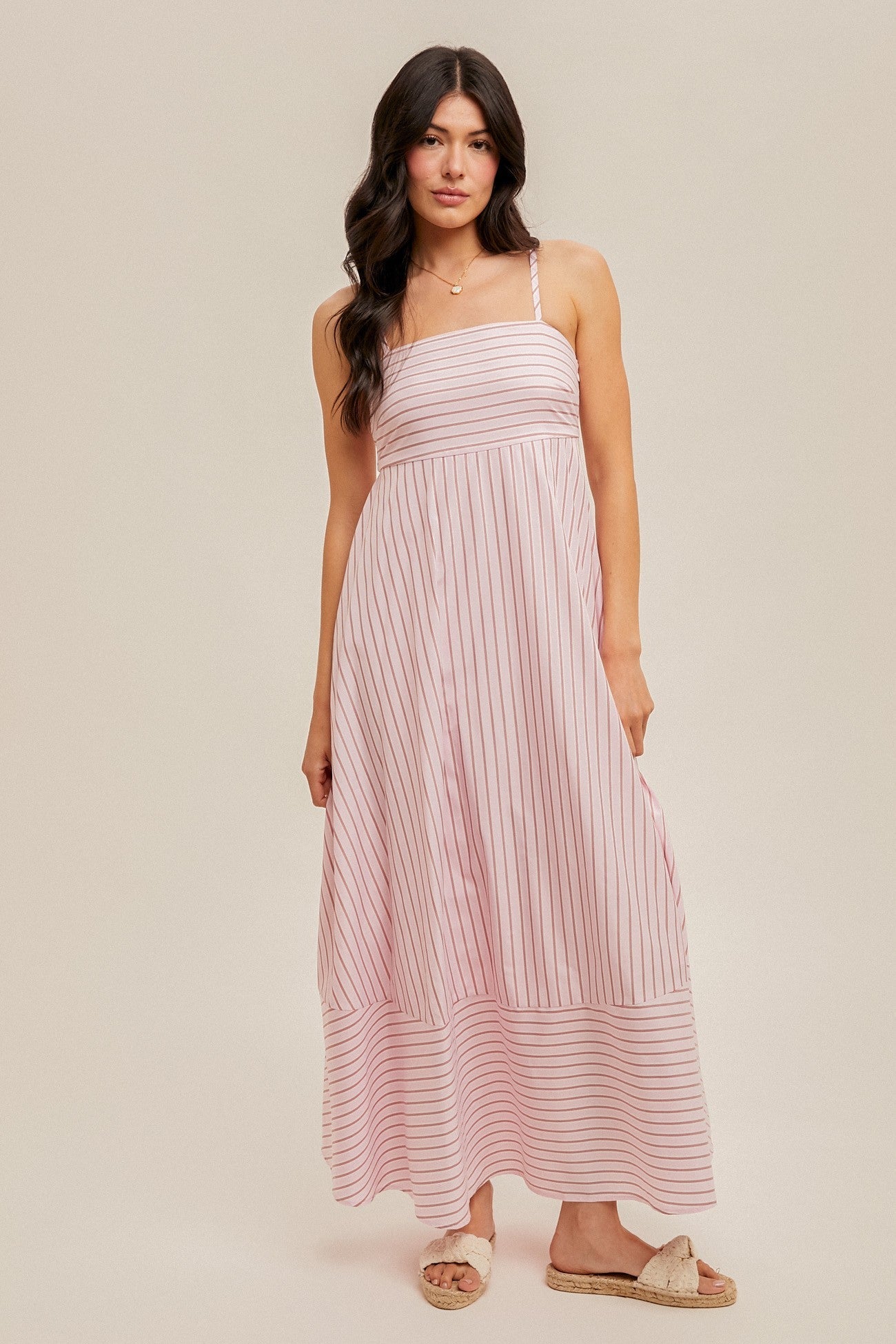 Light Pink Spaghetti Strap Stripe Maternity Maxi Dress