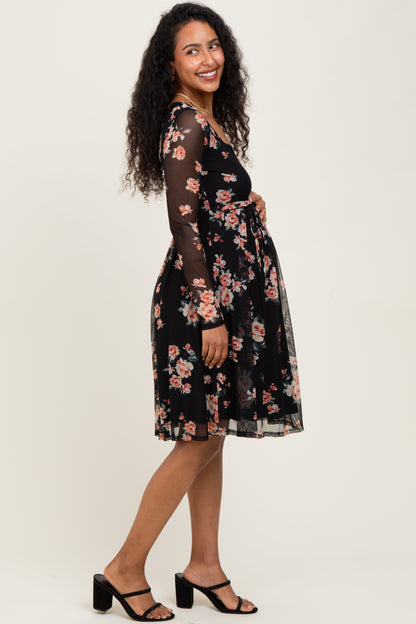 Black Floral Square Neck Long Sleeve Maternity Dress