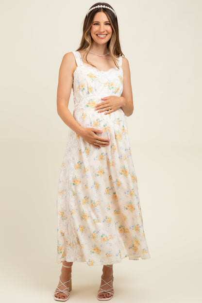 Yellow Floral Lace Overlay Maternity Maxi Dress