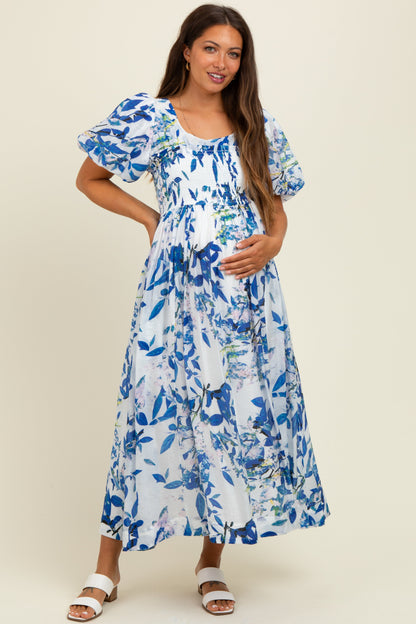 Royal Blue Print Puff Sleeve Square Neck Maternity Maxi Dress