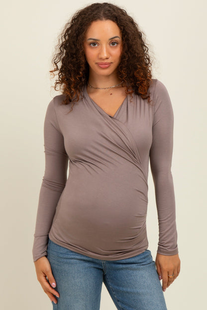 Taupe Long Sleeve Wrap Front Maternity Nursing Top