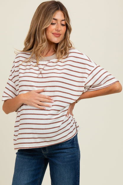Mocha Striped Relaxed Fit Pullover Maternity T-Shirts Top