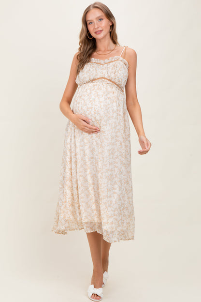 Yellow Garden Floral Printed Smocking Maternity Maxi Dress