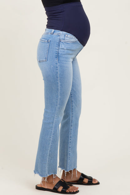 Blue High Rise Uneven Raw Hem Kick Flare Maternity Jeans
