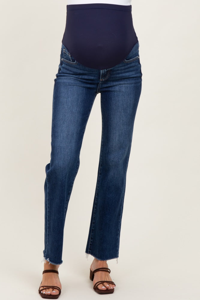 Dark High Rise Crop Straight Raw Cut Hem Maternity Jeans