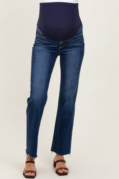 Dark High Rise Crop Straight Raw Cut Hem Maternity Jeans