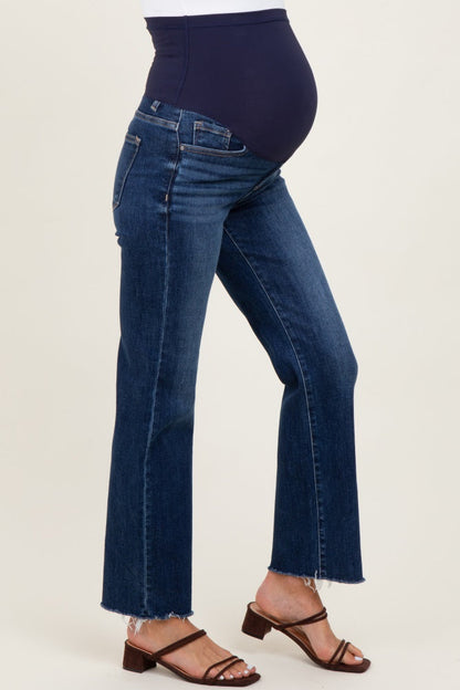 Dark High Rise Crop Straight Raw Cut Hem Maternity Jeans