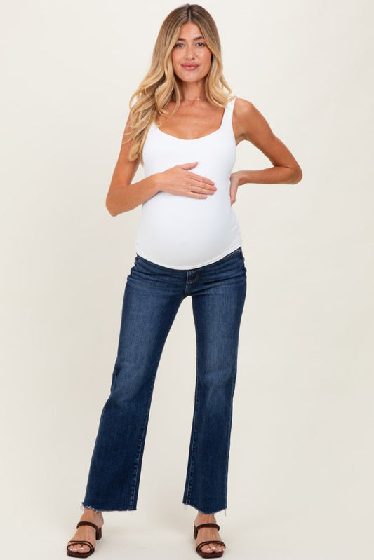 Dark High Rise Crop Straight Raw Cut Hem Maternity Jeans