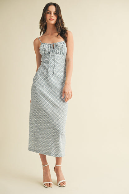 Blue Textured Plaid Drawstring Neck Maternity Midi Dress
