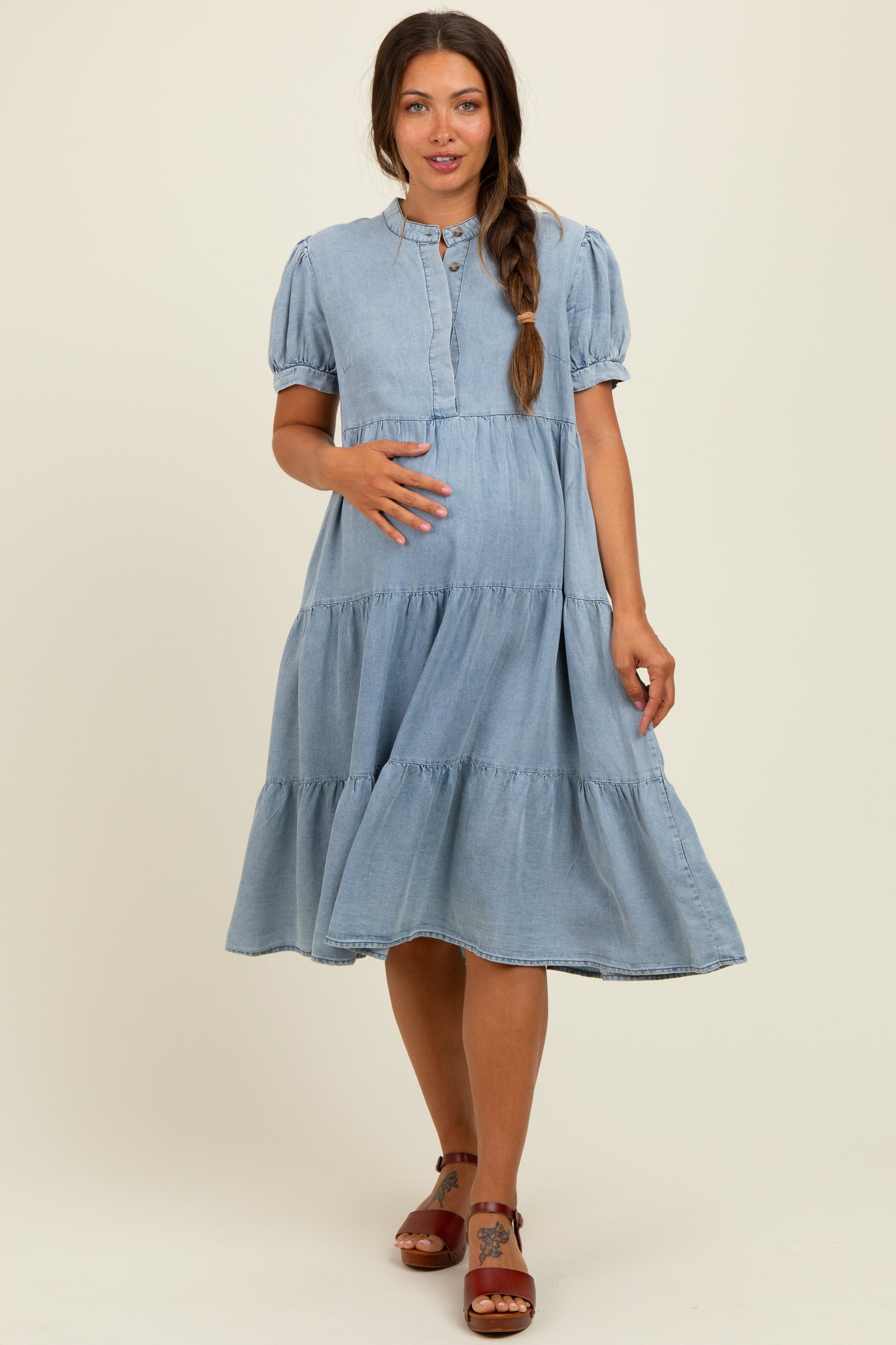 Light Blue Chambray Charm Tiered Maternity Midi Dress