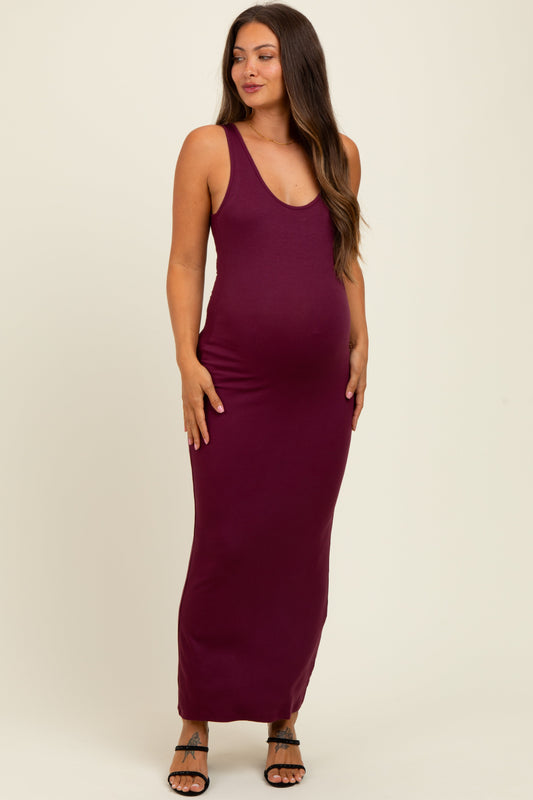 Wine Scoop Neck Sleeveless Rayon Rib Maternity Maxi Knit Dress