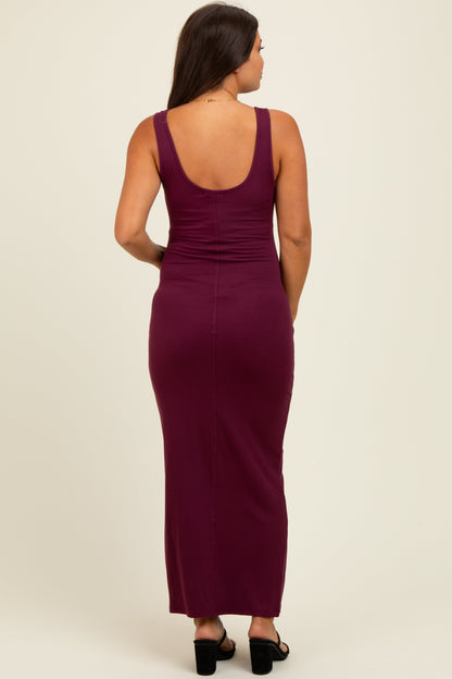 Wine Scoop Neck Sleeveless Rayon Rib Maternity Maxi Knit Dress
