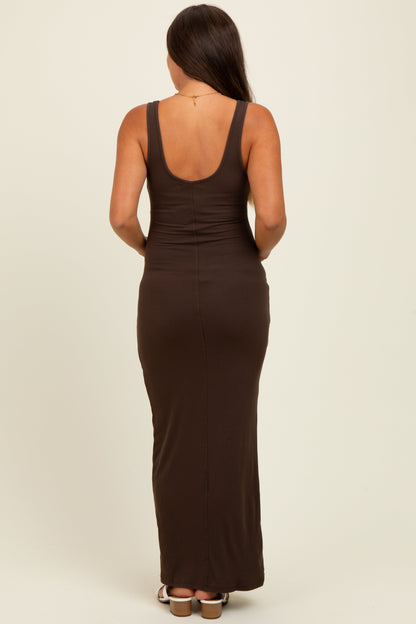 Brown Scoop Neck Sleeveless Rayon Rib Maternity Maxi Knit Dress