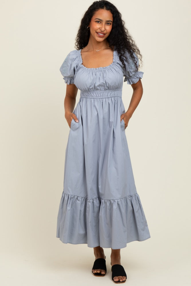 Dusty Blue Eyelet Embroidered Sleeve Cotton Maternity Midi Dress