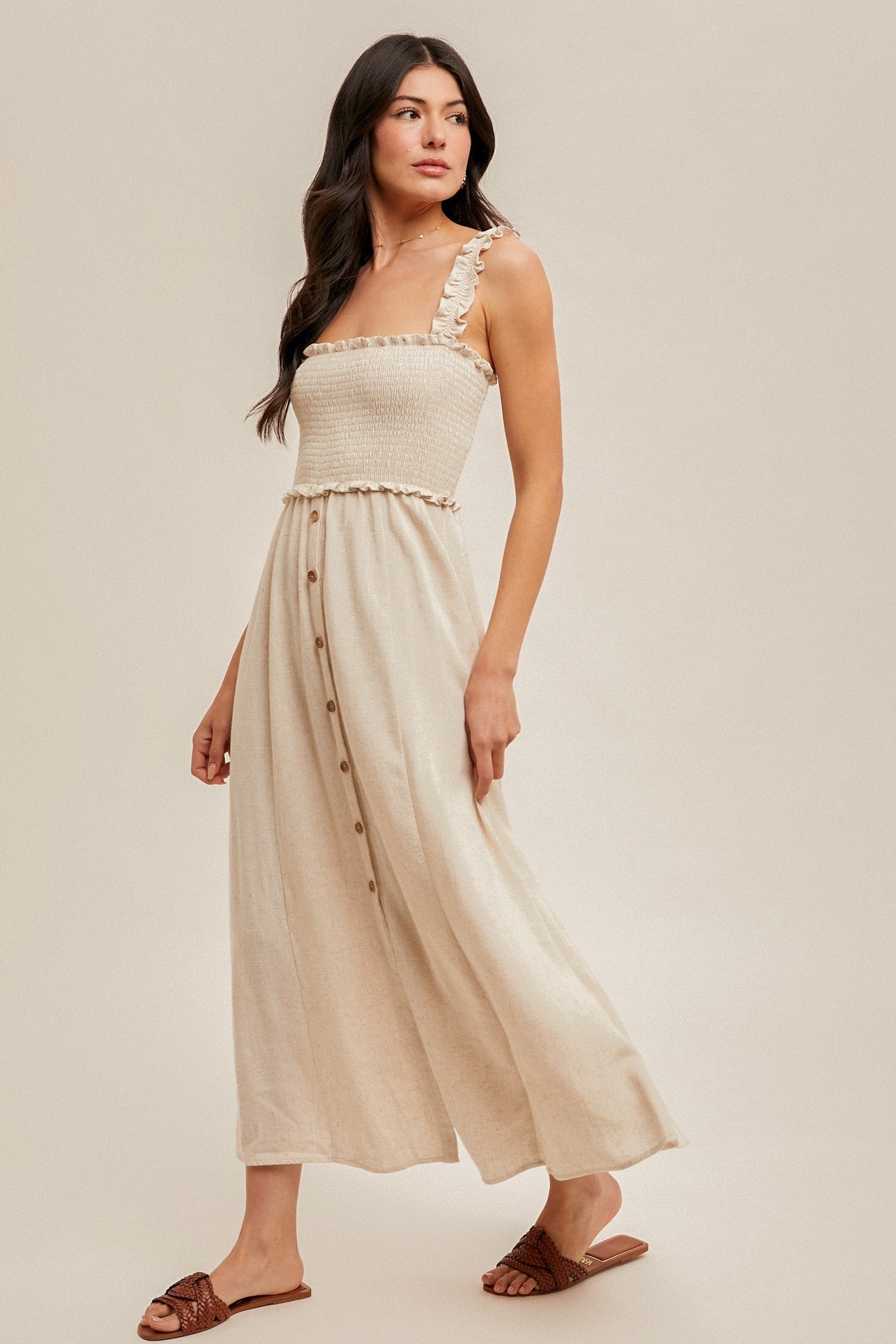 Oatmeal Smocked Button Front Linen Blend Maternity Midi Dress