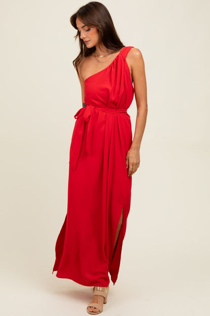 Red Asymmetrical Maternity Maxi Dress