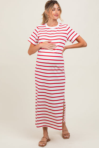 Red Striped Side Slit Maternity Maxi Dress