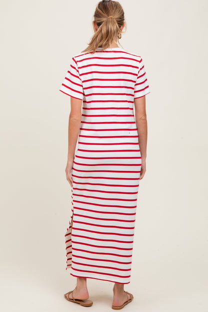 Red Striped Side Slit Maternity Maxi Dress