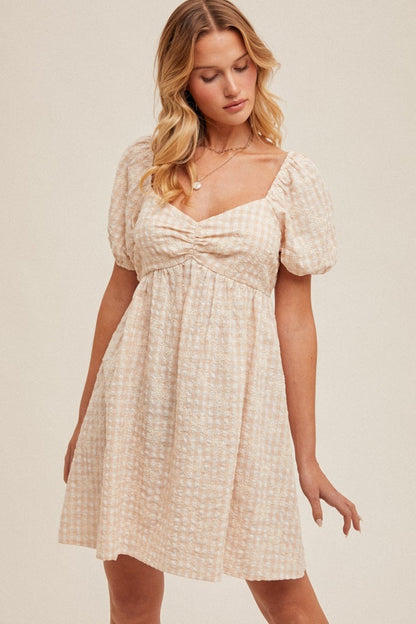 Beige Embroidered Gingham Sweetheart Neck Maternity Mini Dress
