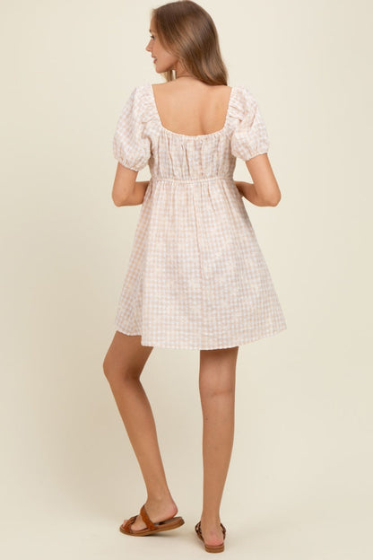 Beige Embroidered Gingham Sweetheart Neck Maternity Mini Dress