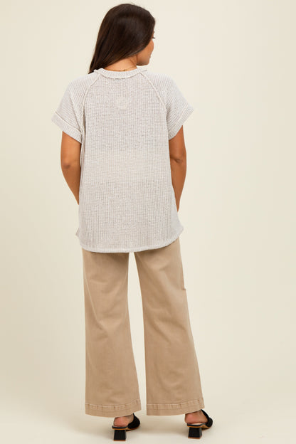 Taupe Short Sleeve V-Neck Solid Waffle Knit Maternity Top