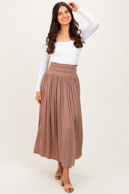Mocha Smocked Waistband Pleated Maternity Maxi Skirt