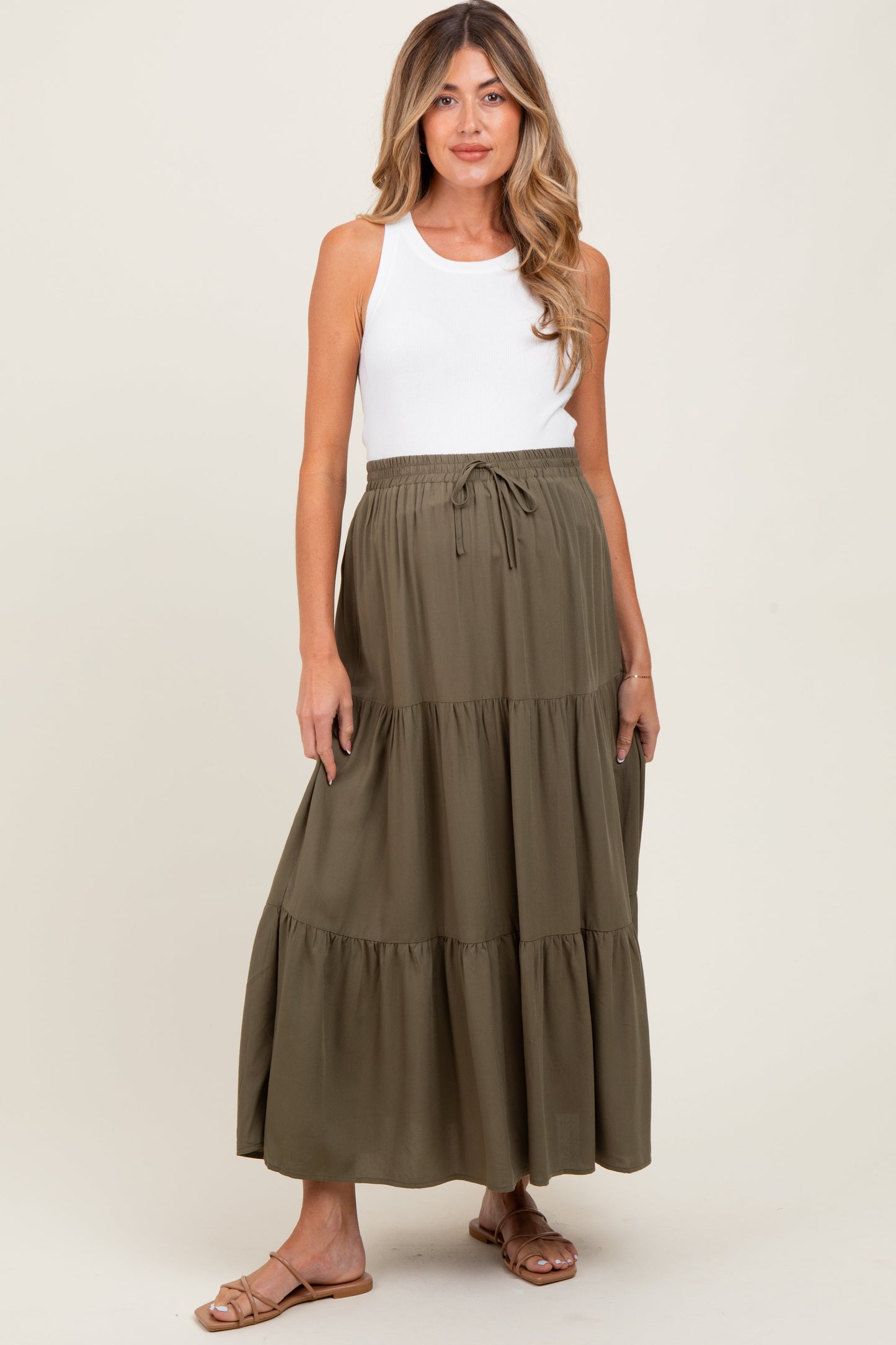 Olive Drawstring Tiered Maternity Maxi Skirt