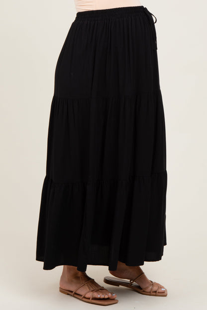 Black Drawstring Tiered Maternity Maxi Skirt