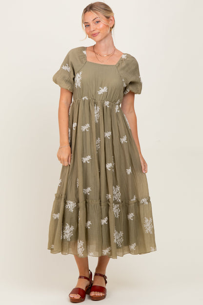 Light Olive Floral Print Ruffle Hem Maternity Midi Dress