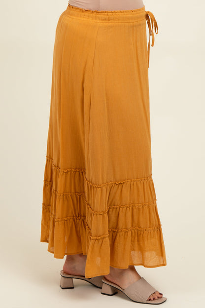 Yellow Drawstring Layered Ruffle Hem Maternity Maxi Skirt