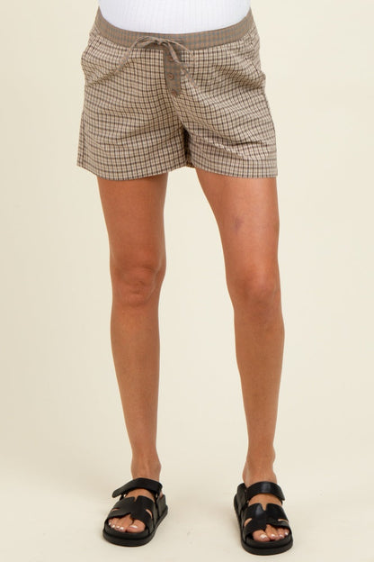 Taupe Plaid Drawstring Button Accent Maternity Shorts