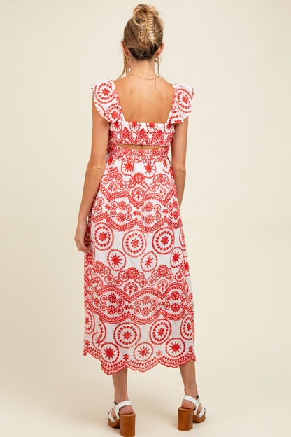 Red Embroidered Smocked Cutout Maternity Midi Dress
