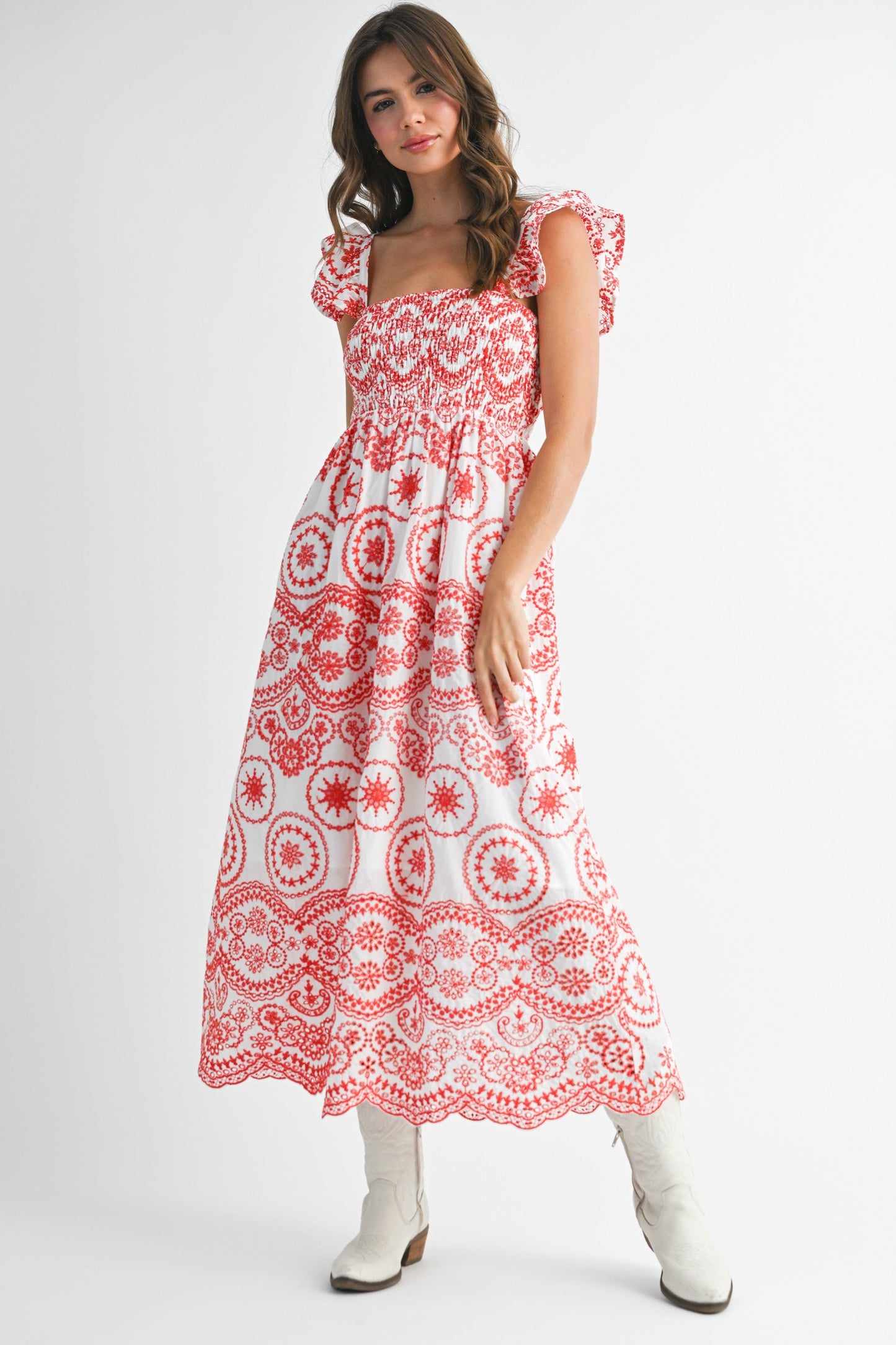 Red Embroidered Smocked Cutout Maternity Midi Dress