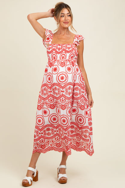 Red Embroidered Smocked Cutout Maternity Midi Dress